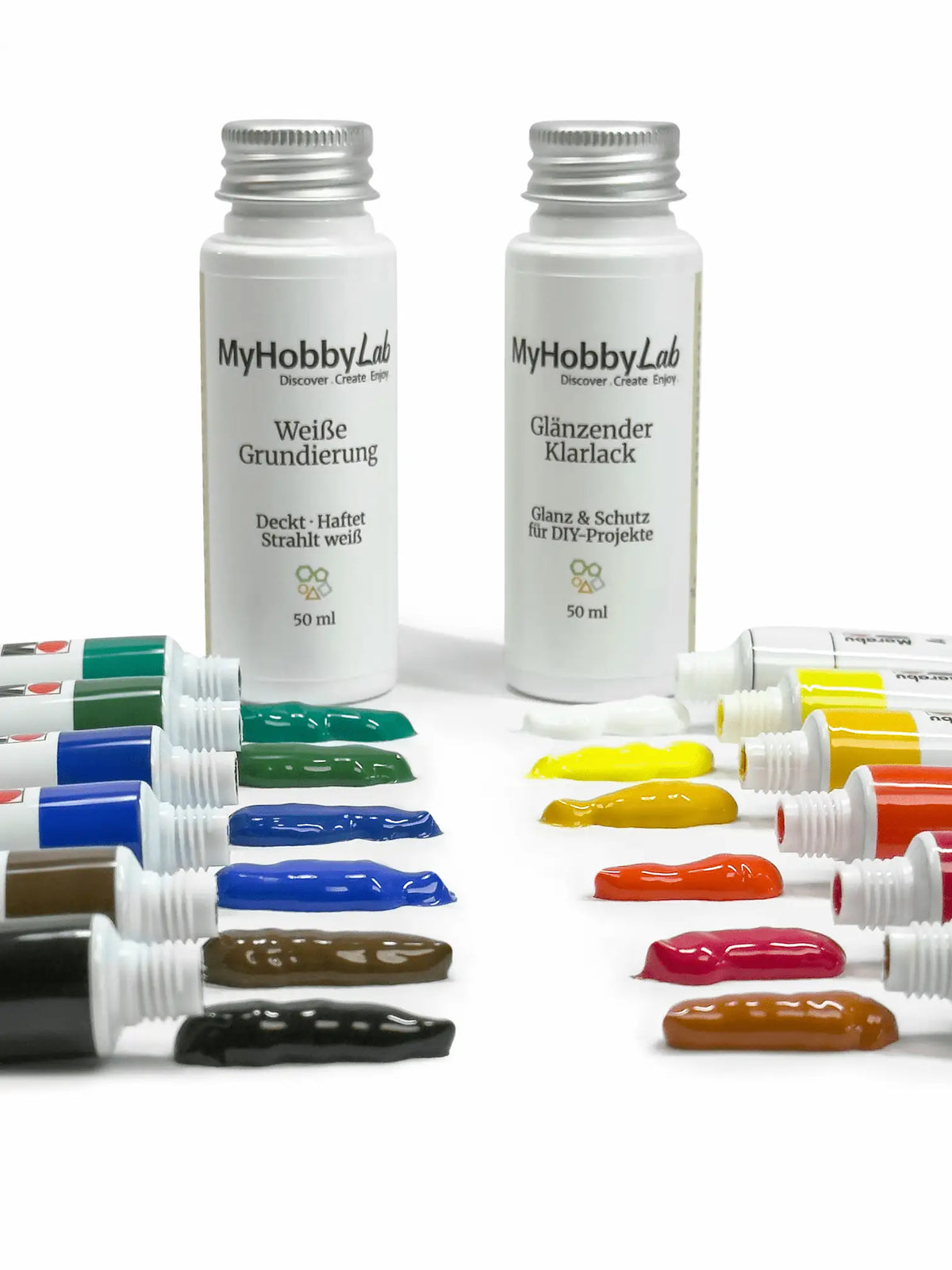 Farbensets für Ton mit Acrylfarben, Grundierung und Glanzlack