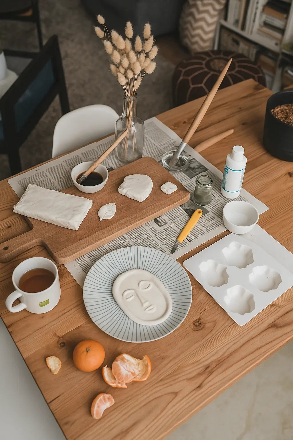 DIY-Töpferset für Familien: Tonrohlinge und Formen, Pinsel, Werkzeug, Tasse Tee und Mandarinenstücke auf hellem Holztisch – kreative Bastelaktivität für Groß und Klein.