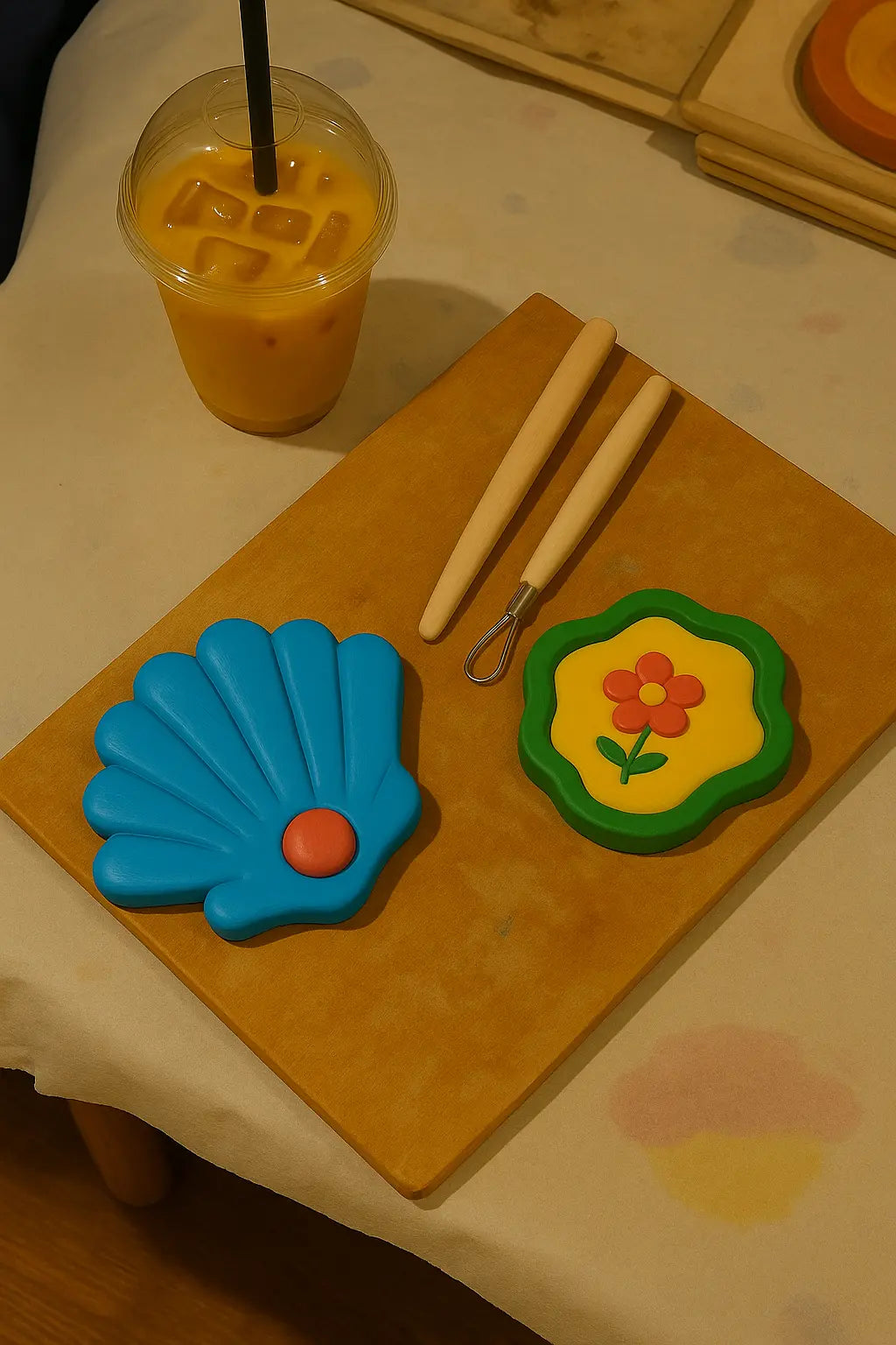 DIY-Töpferset-Abend mit Freundinnen: Bunte Tonornamente (Muschel- und Blumenmotiv) auf Holzbrett, Modellierwerkzeuge und Eiskaffee auf stilvoll gedecktem Tisch in warmem Licht.